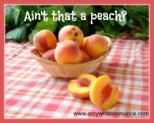 With peaches in a wicker basket on the tablecloth, on a background of foliage